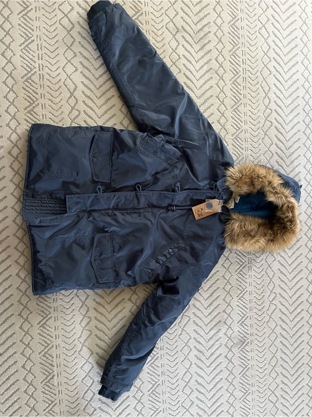 Native Navy Puffer Coat with Faux Fur-Trimmed Hood